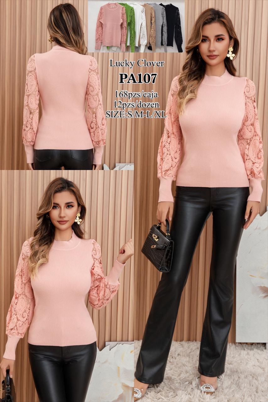Blusa de punto con mangas de encaje-HS25-PA107 1 Blusa de punto con mangas de encaje-HS25-PA107
