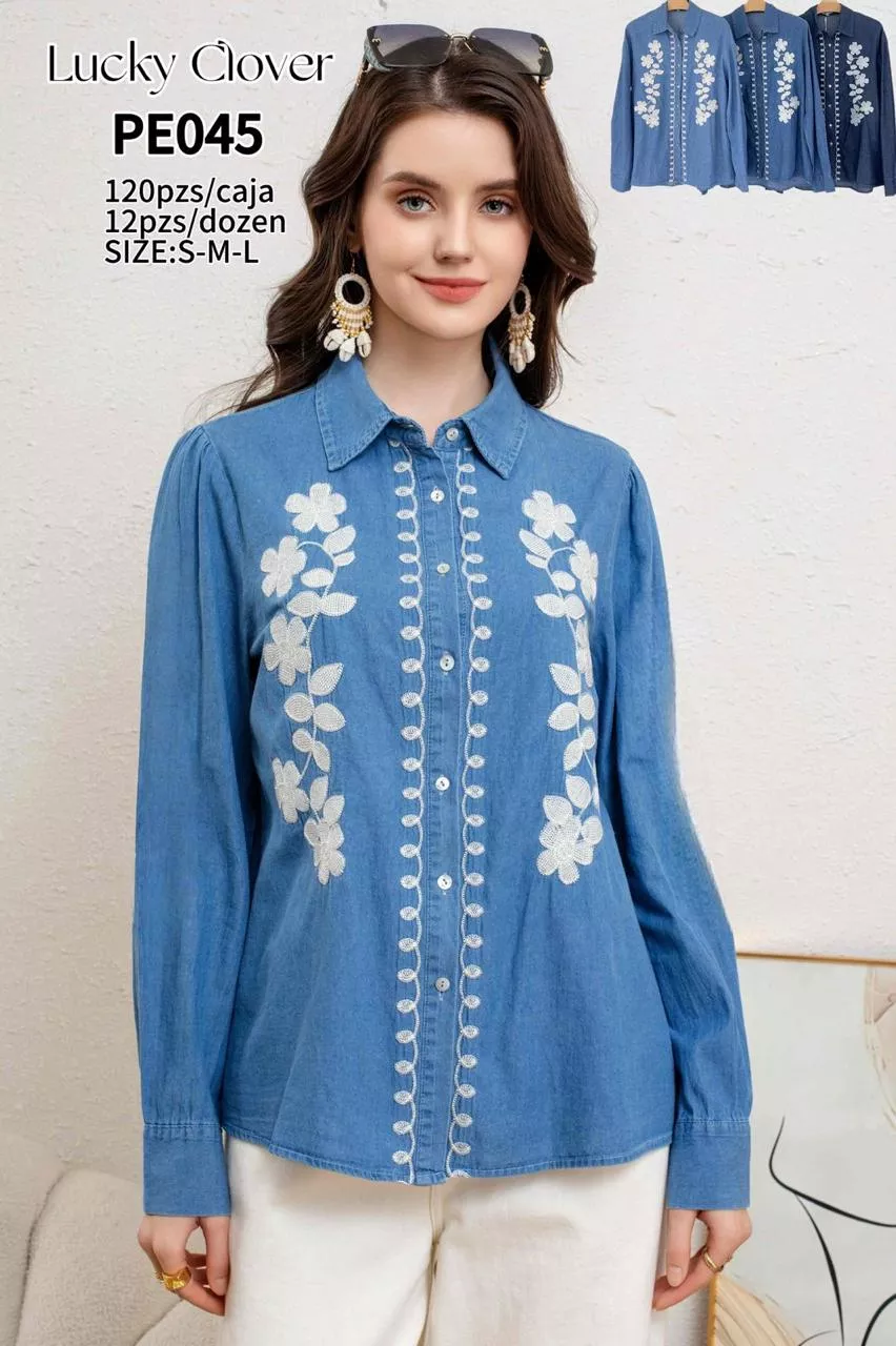 Camisa de mezclilla con bordado floral-HS25-PE045 1 Camisa de mezclilla con bordado floral-HS25-PE045