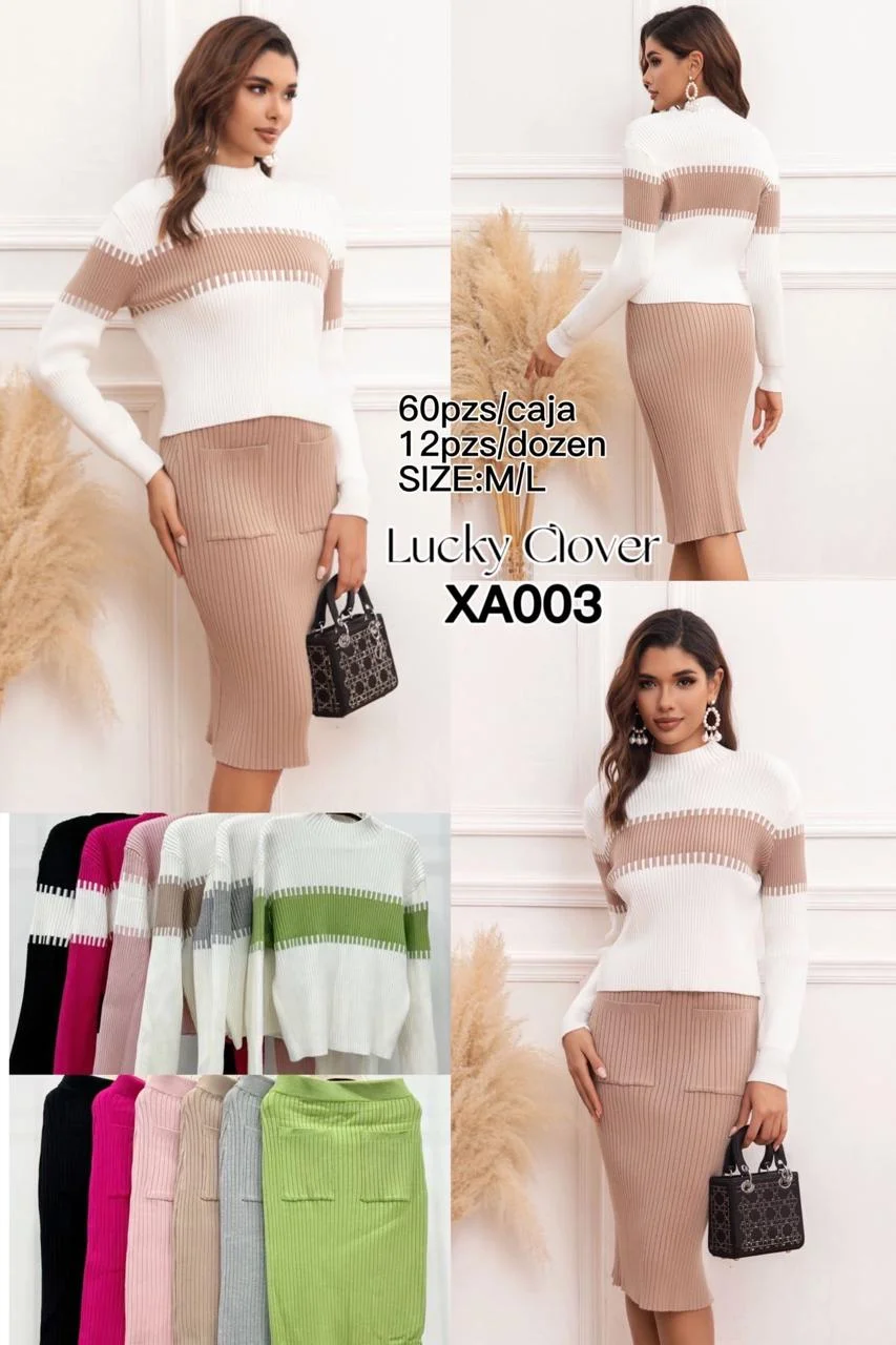 Conjunto de sueter y falda de punto acanalado en varios colores-HS25-XA003 1 Conjunto de sueter y falda de punto acanalado en varios colores-HS25-XA003