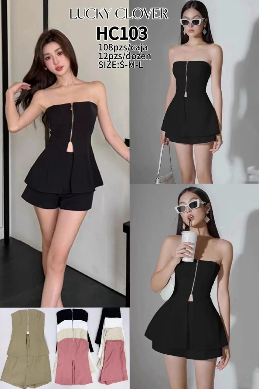 Conjunto de top strapless con cremallera y shorts-HS25-HC103 1 Conjunto de top strapless con cremallera y shorts-HS25-HC103