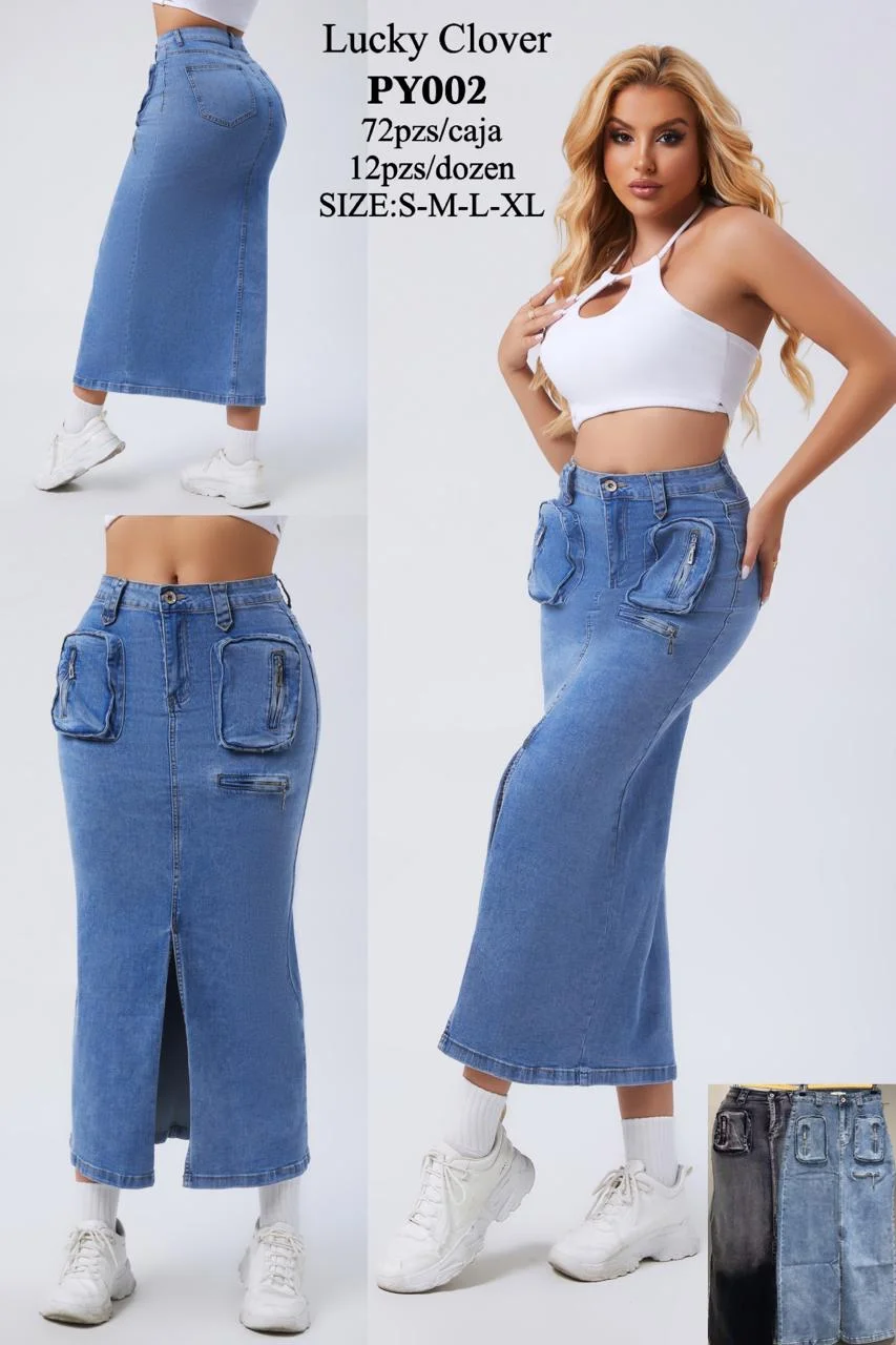 Falda larga de mezclilla con bolsillos-HS25-PY002 1 Falda larga de mezclilla con bolsillos-HS25-PY002