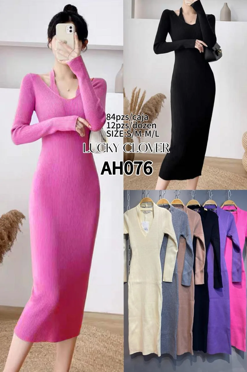 Vestido ajustado de punto canale con cuello en V-HS25-AH076 1 Vestido ajustado de punto canale con cuello en V-HS25-AH076