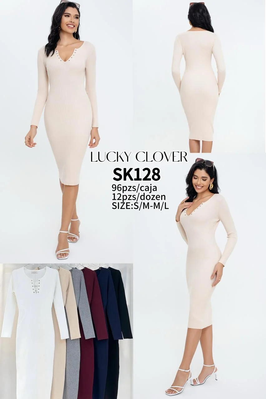 Vestido midi de manga larga con detalle en cuello-HS25-SK128 1 Vestido midi de manga larga con detalle en cuello-HS25-SK128