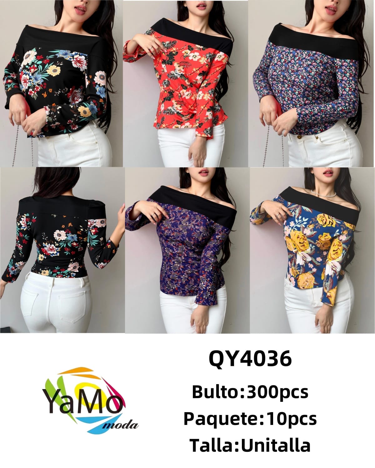 Blusa Floral con Hombros Descubiertos-QY4036 1 Blusa Floral con Hombros Descubiertos-QY4036