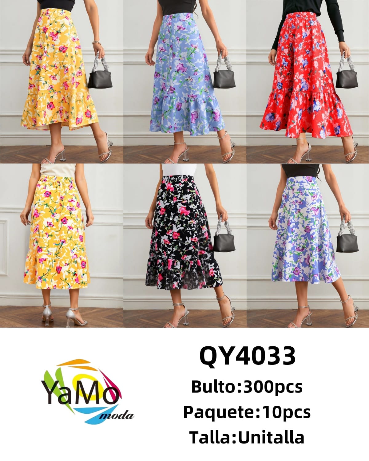 Falda midi estampada con volantes-QY4033 1 Falda midi estampada con volantes-QY4033